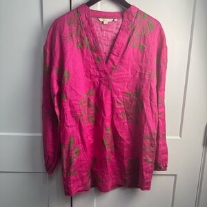 Boden Women's 100% Linen Shirt Pink with Green Palm Leaves Size 2R Beach Travel